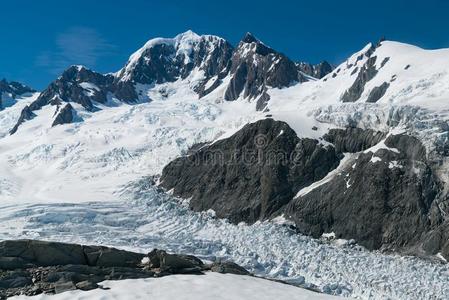 狐冰河越过山山峰和清楚的蓝色天背景