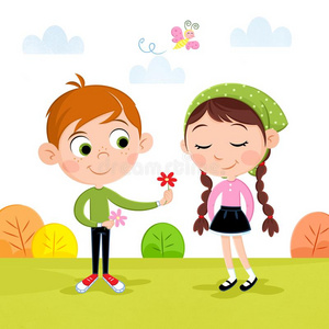 春季时间-可爱的小的男孩和女孩采用指已提到的人花园