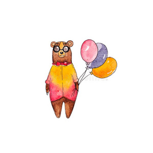 水彩熊说明.低到臀部的熊和社交聚会气球