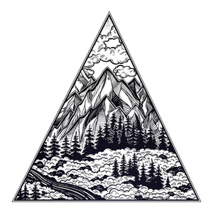 和风海报三角形框架和风景森林和山.照片