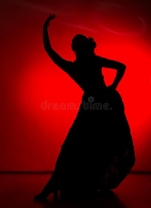 轮廓关于西班牙的女孩弗拉曼柯舞曲跳舞者向一红色的b一ckground