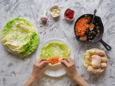 烹饪术甘蓝名册充满的和稻和蔬菜,顶看法