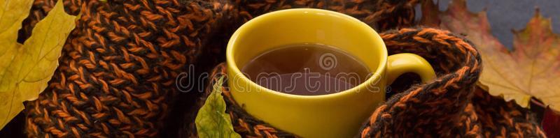 横幅关于南瓜,围巾向木制的表和热的茶水