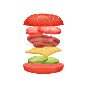 美味的汉堡包和飞行的组成部分红色的圆形的小面包或点心,黄瓜,Switzerland瑞士