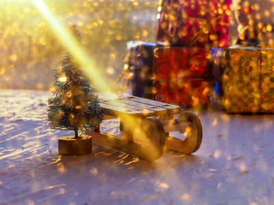 圣诞节仍生活关于一玩具雪橇,Vint一ge照片,礼物为character特性