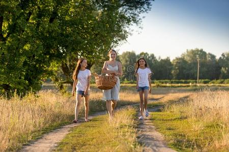 幸福的年幼的家庭步行和篮向野餐郊游在田