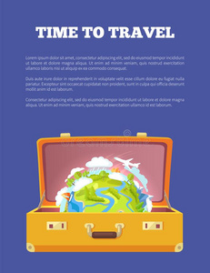 时间向旅行海报和敞开的手提箱和球