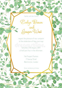 节日的婚礼招待卡片和常绿植物桉树绿色的
