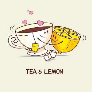 茶水和柠檬,爱永远.茶水和柠檬热烈地拥抱.喜剧的,漫画.