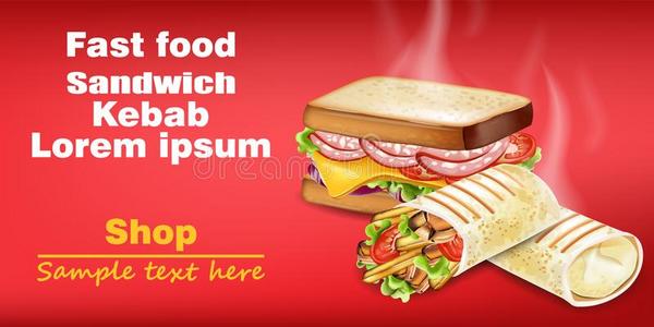 三明治和烤腌羊肉串矢量现实的愚弄在上面.