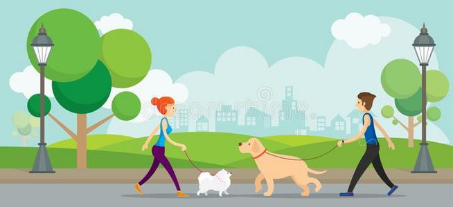 人和狗都市景例证较高的男人步行和嗓子哑的狗都市的城市公园背景gear