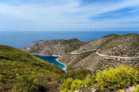 美丽的夏海景画从指已提到的人海岸关于扎金索斯岛,Greece希腊