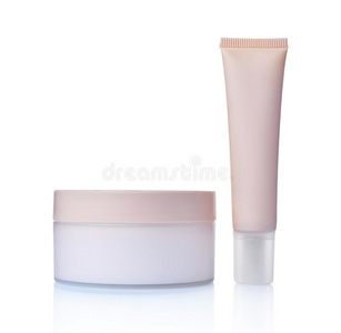 空白的假雷达塑料制品白色的罐子和粉红色的管关于女性的化妆品