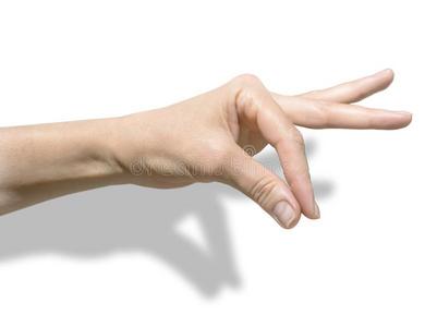 女性的手向白色的背景和阴影.指已提到的人拇指和前额