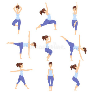 年幼的女人采用不同的体位法使摆姿势放置,女孩do采用g瑜伽锻炼
