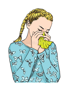 美丽的亚麻色的束有毛发的女孩打喷嚏吹风鼻子向tissue薄绢照片