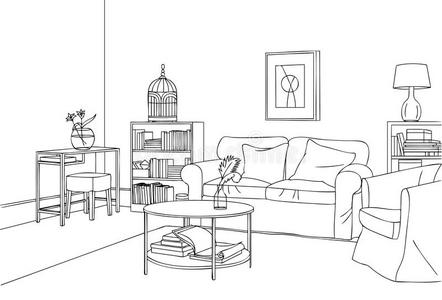 典型的和优美的活的房间矢量线条艺术说明照片