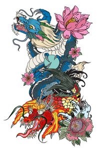龙和锦鲤龙和莲花花文身.桃子和樱花照片