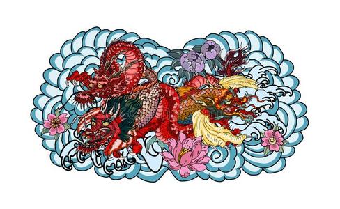 龙和锦鲤龙和莲花花文身.桃子和樱花照片