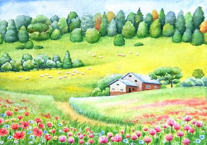 乡村艺术绘画俯瞰乡村美景的门廊餐桌上的食物春天田园诗般的日本乡村