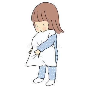 矢量说明关于小的欲睡的小孩女孩采用睡衣hold采用g照片