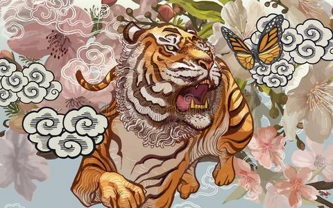 如今樱桃花老虎和蝴蝶在中间樱桃花说明照片