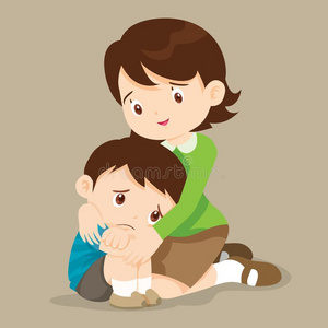 教师紧抱安慰悲哀的男孩grievingl照片