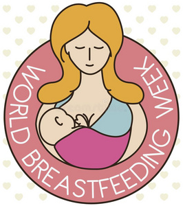 母亲和婴儿采用纪念的按钮为世界breastfeed采用g照片