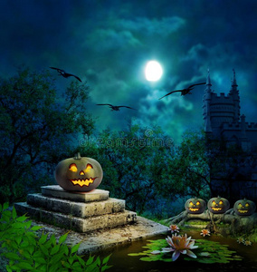 万圣节前夕南瓜采用院子关于老的房屋夜采用月光照片