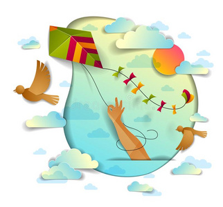 土地的鸟手佃户租种的土地风筝越过多云的天鸟飞行的和太阳,自由照片