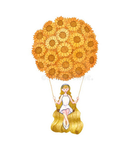 女孩一次向摇摆在下面向日葵ballo向水彩.照片