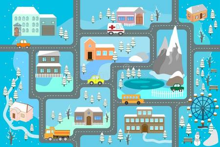 城市地图为孩子们.下雪的城市风景,汽车小路-比赛妈插画