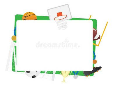 队有关运动的绿色的框架隔离的篮球,足球,篮子照片