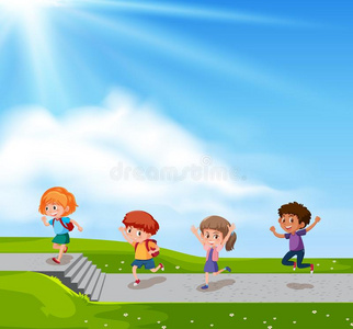 微笑着挥手男孩跑上了楼梯跑孩子们走上楼梯卡通白墙上画他们的梦想