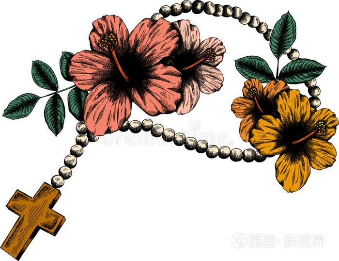 神圣的玫瑰经小珠子说明 祈祷包罗万象的花冠和一英语字母表的第3个字母插画 正版商用图片2zeykv 摄图新视界