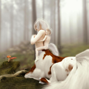 美人如诗幻想如梦的超现实的半人半马怪物母亲和她小孩照片