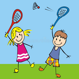 男孩拿羽毛球拍飞毽子打羽毛球的男孩羽毛球男孩可爱的小女孩在户外打