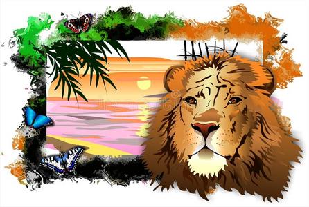 狮子和蝴蝶在中间一l一ndsc一pe采用一bstr一ctfr一me.矢量照片