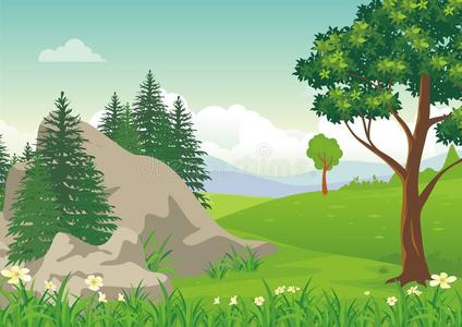 可爱的和漂亮的风景漫画designate指明卡通房子和悬崖的插图