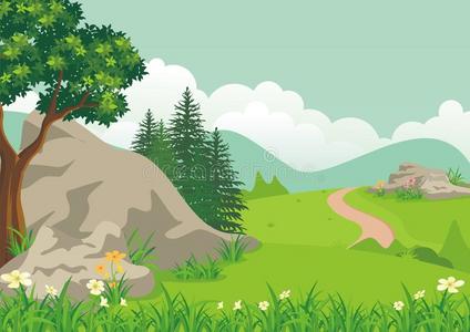 风景和多岩石的小山,可爱的和漂亮的风景漫画designate指明照片