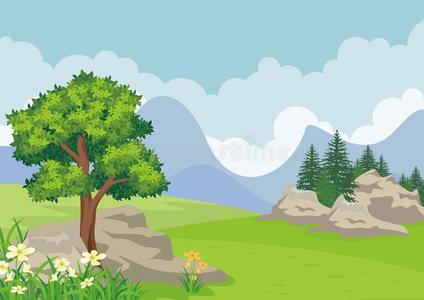 风景和多岩石的小山,可爱的和漂亮的风景漫画designate指明照片