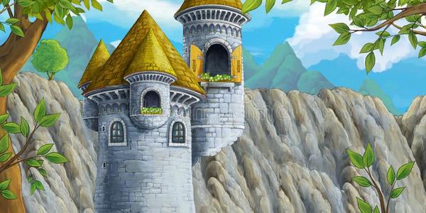 漫画地点关于城堡塔和断开的窗没有人-图解照片