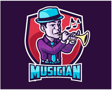 音乐家漫画爵士乐音乐家演奏喇叭漫画吉祥物标识徽章照片