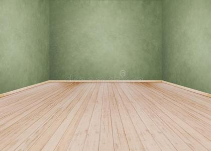 空的房间背景和绿色的水泥墙,木制的地面照片