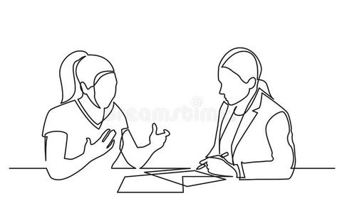 连续的线条绘画关于两个女人谈论签署纸卷照片