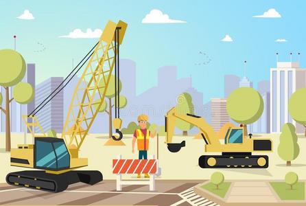 矢量图动画片场面与工作者繁忙在建筑工地建设者做一些工作例证为孩子