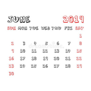 日历六月2019年采用漫画小孩方式.日历计划者照片