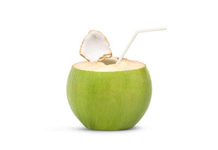 新鲜的绿色的椰子和稻草照片