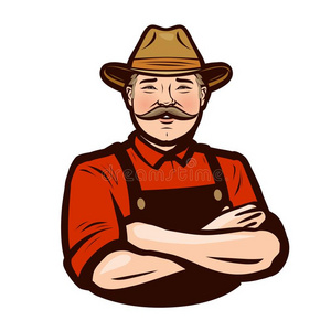 幸福的成熟的农场主采用工装裤.农业,农场观念.vectograp矢量图照片