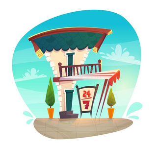 小天篷咖啡馆饭店或商店漫画方式中古的屋顶小旅馆和照片